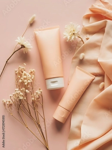 Fototapeta Elegant Skincare Tubes with Dried Flowers and Soft Fabric Arrangement, ai-generated