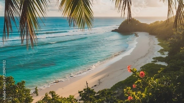 Fototapeta Serene Tropical Beach Paradise With Lush Greenery And Crystal Clear Ocean Waters, ai-generated