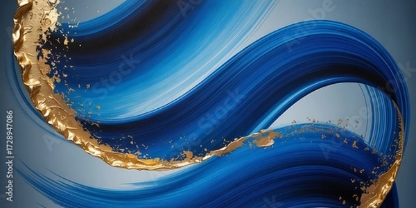 Fototapeta Abstract Blue and Gold Swirling Liquid Paint Strokes on Gradient Background, ai-generated