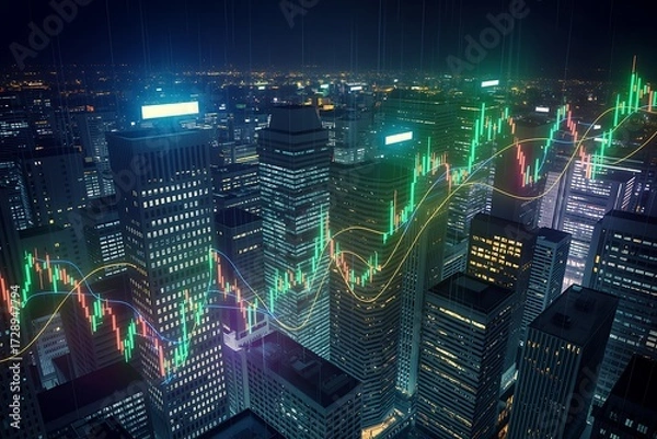 Fototapeta Global Financial Markets Data Analysis Visualization Above City Skyline at Night, ai-generated