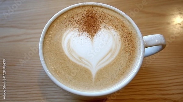 Fototapeta Cafe Latte Heart Art, Wooden Table, Cozy Background, Menu
