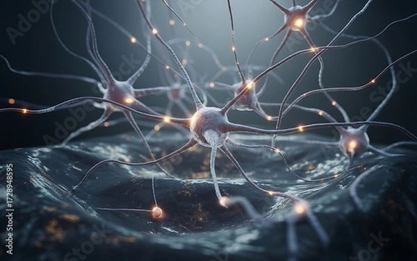 Fototapeta Intricate Network of Glowing Neurons Firing Electrical Signals in the Human Brain, ai-generated