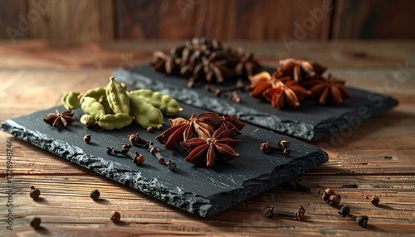 Fototapeta Minimalist spice display with whole star anise, cardamom pods, and cloves on slate trays, natural wood backdrop, ambient light, lifelike