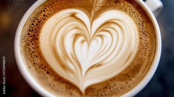 Fototapeta Latte art heart, coffee shop, close-up, busy background, menu