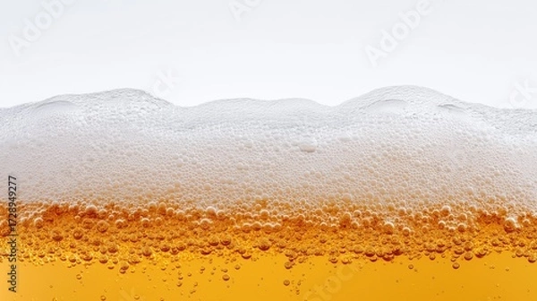 Fototapeta Close up of beer foam and bubbles on golden lager with white background.