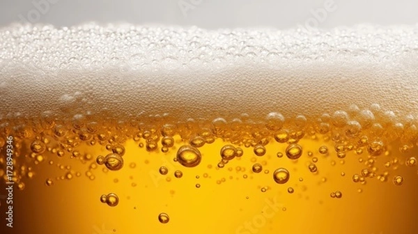 Fototapeta Close up of beer foam and bubbles on golden lager with white background.