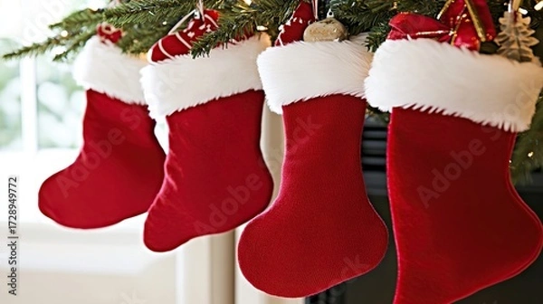 Fototapeta Christmas stockings fireplace mantel holiday decoration