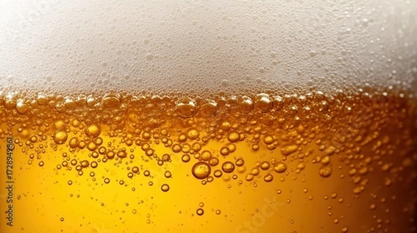 Fototapeta Close-up of golden beer foam with bubbles isolated on transparent background, macro photography of frothy lager texture, detailed DSLR quality stock photo.