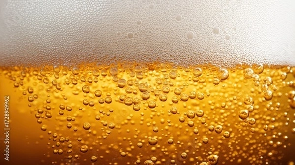 Fototapeta Close-up of golden beer foam with bubbles isolated on transparent background, macro photography of frothy lager texture, detailed DSLR quality stock photo.
