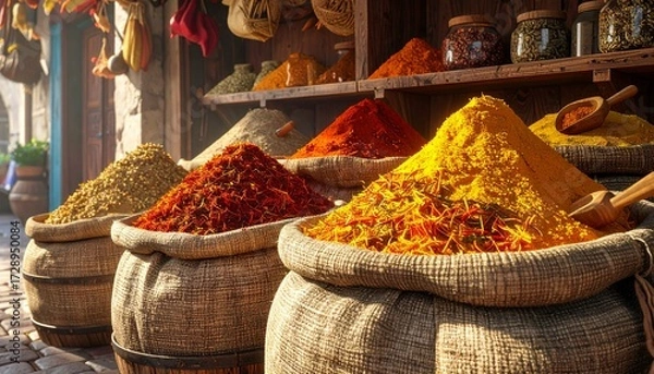 Fototapeta Rustic spice market stall with vibrant saffron, turmeric, and cumin in woven baskets, wooden scoops, burlap sacks, captured in vivid HD detail. 