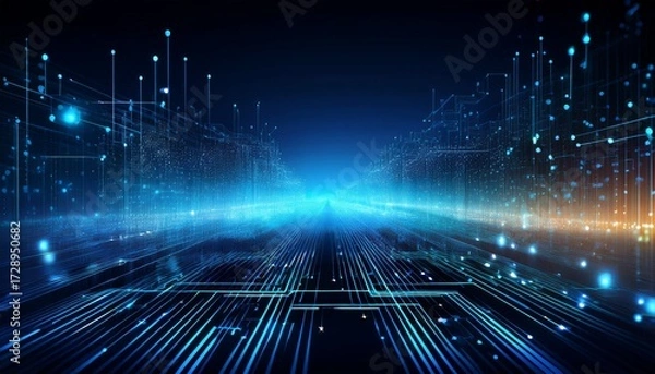 Fototapeta abstract digital network circuit board background banner with glowing light and connecting data dots in blue and black colors big data technology concept