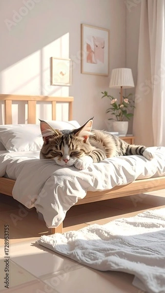 Fototapeta Cat sleeping peacefully on a bed in a sunlit room