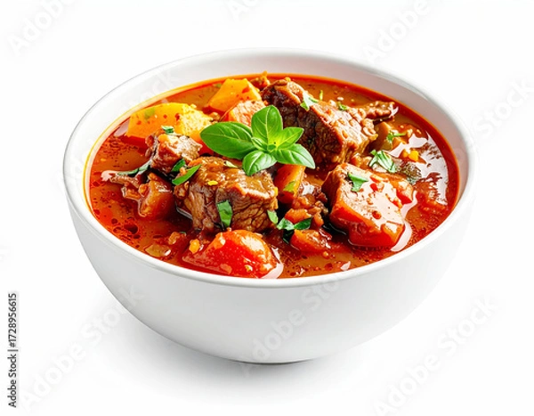 Fototapeta Bowl of braised beef and vegetables in stewed tomato sauce, white background. AI