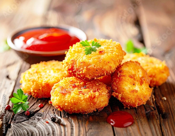 Fototapeta Chicken nuggets with ketchup on a rustic wooden background. AI