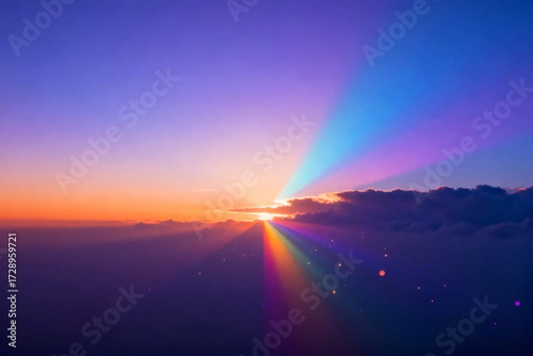 Fototapeta Sunrise above the clouds with vibrant rainbow rays and colorful sky