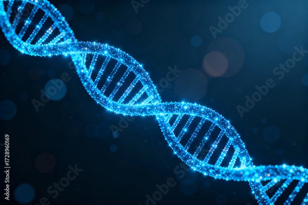 Fototapeta A glowing blue DNA double helix structure against a dark background with bokeh effects
