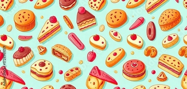 Fototapeta Sweet bakery seamless pattern featuring repeating delectable pastries, breads, and confectionery delights, print, donut