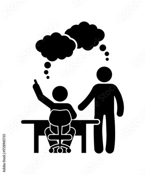 Fototapeta Silhouette illustration of two people at a desk with thought bubbles. Stick figure cartoon. stickman discussion.