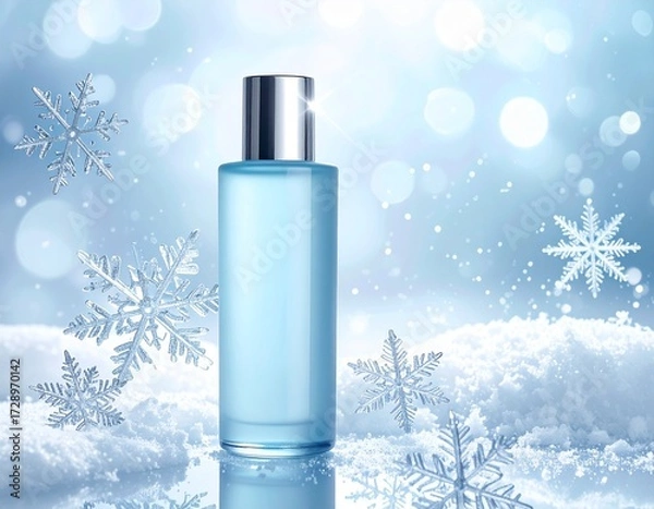 Obraz ブルーの化粧水ボトルと雪の結晶が彩る冬の透明感デザイン｜化粧品,コスメ,美容,冬,雪