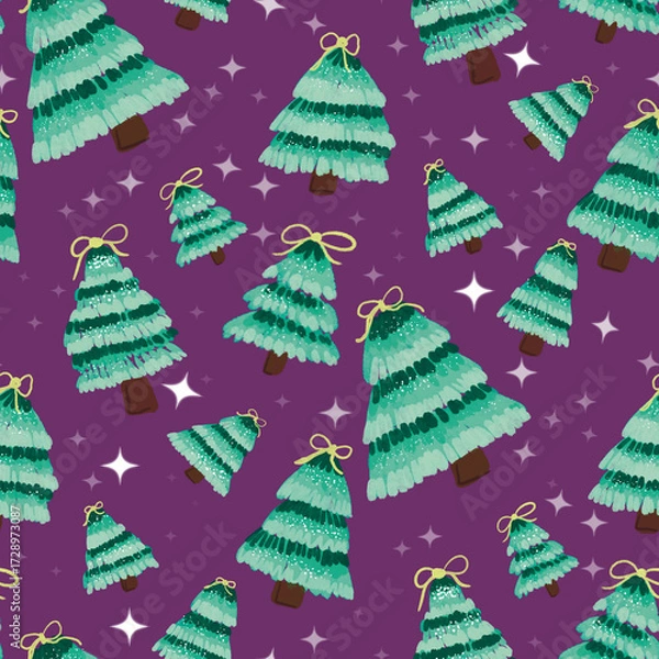 Fototapeta Sparkling Christmas Trees Pattern on Purple
