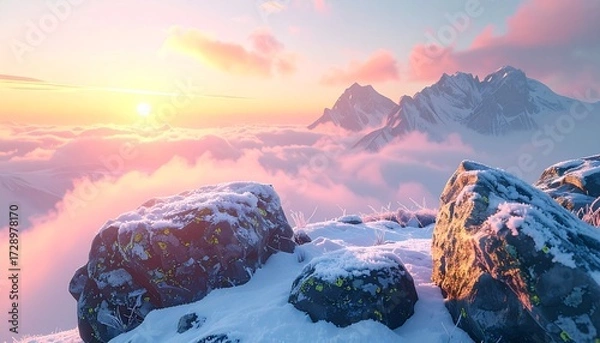 Fototapeta Dreamy mountainscape with levitating frost-covered stones, ethereal fog, glowing lichen, pastel sunset sky, 
