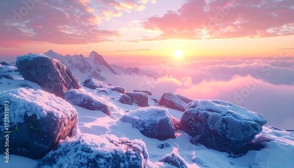 Fototapeta Dreamy mountainscape with levitating frost-covered stones, ethereal fog, glowing lichen, pastel sunset sky, 