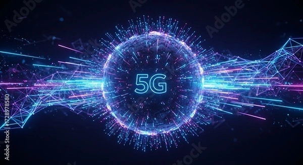 Obraz Abstract 5 g network visualization with glowing data streams and sphere