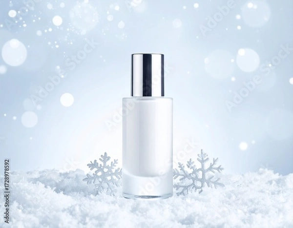 Obraz 化粧水ボトルと雪の結晶が彩る冬の透明感デザイン｜化粧品,コスメ,美容,冬,雪