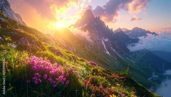 Fototapeta Enchanted mountain ridge with glowing crystal peaks, shimmering mist, vibrant alpine flora, ethereal dawn light, captured in vivid
