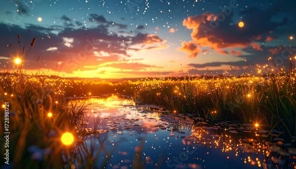 Fototapeta Magical twilight meadow with floating orbs of light, golden grass, shimmering pond, starry sky reflections, lifelike 