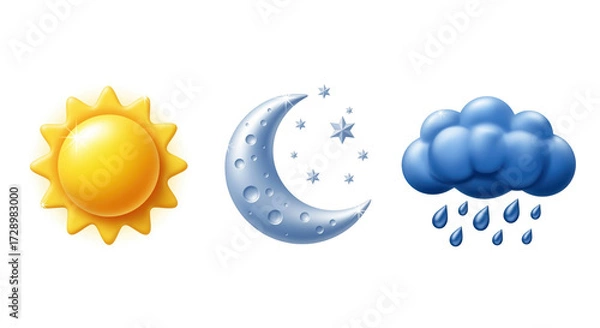 Fototapeta Realistic 3D Weather Icons: Glossy Yellow Sun, Crescent Moon with Stars, and Blue Rain Cloud Symbolizing Sunny Day, Clear Night, and Rainy Conditions.