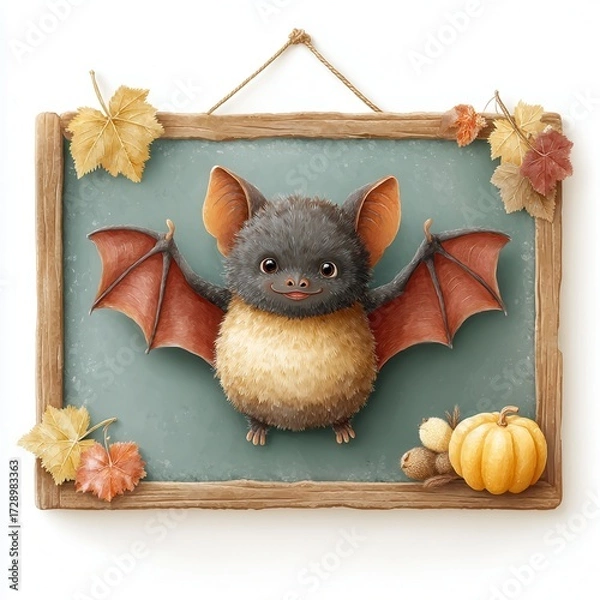 Fototapeta Smiling Bat with Open Wings Drawing on Chalkboard Surrounded by Autumn Decorations, Halloween theme