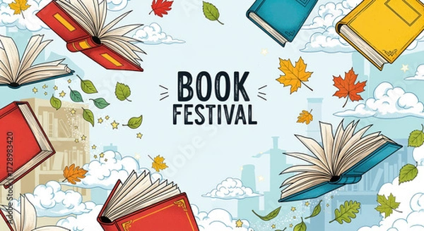 Fototapeta A whimsical hand-drawn illustration featuring "Book Festival" text, flying open books, autumn leaves, and clouds, ideal for literary events or educational promotions.