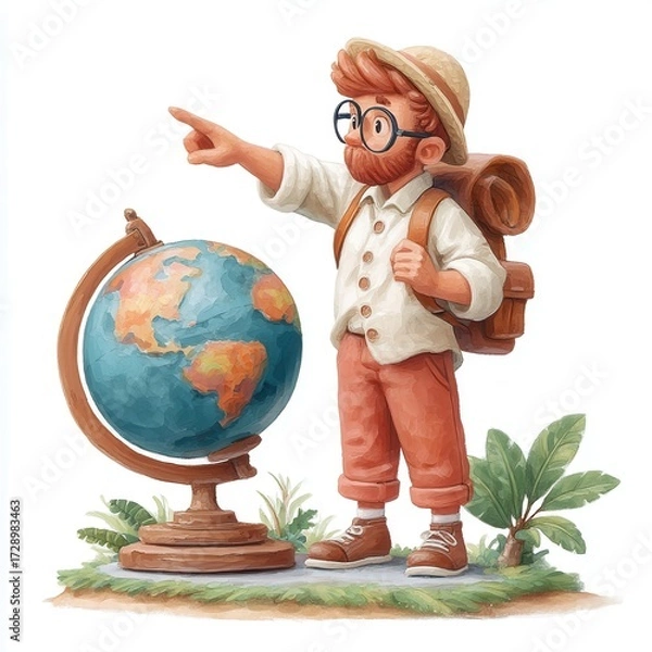Fototapeta Young Male Teacher Pointing at Globe in Classroom, Exploring Geography Concepts with Students, Halloween theme