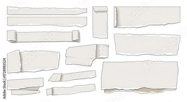 Fototapeta A collection of various ripped paper strips and torn sheet elements with rough, jagged edges, casting subtle shadows on a clean white background.