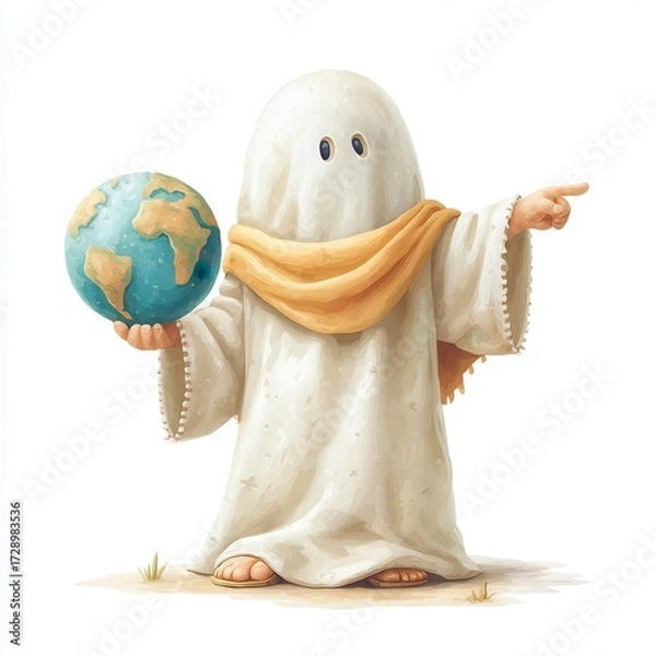 Fototapeta Whimsical Ghost Teacher Pointing at Globe in Playful Educational Scene, Halloween theme