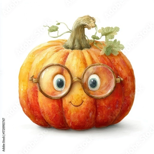 Fototapeta Charming Pumpkin Character in Glasses Reading a Book with a Smiling Face and Cute Details, Halloween theme