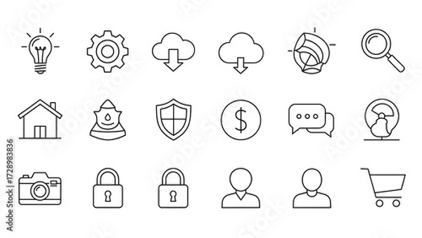 Fototapeta Minimalist Outline Icons Collection Featuring Essential Concepts like Idea, Settings, Cloud, Security, and E-commerce for Modern UI