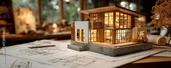 Obraz Stunning architectural model showcasing modern home design on blueprints, perfect for real estate and construction projects.