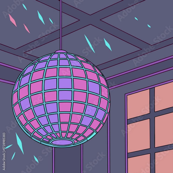 Fototapeta Retro disco ball illuminates a stylish room with geometric patterns and vibrant pink and purple hues for a nostalgic party vibe