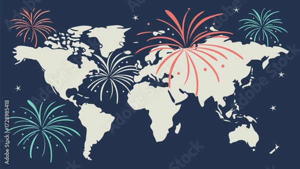 Fototapeta Celebrate Global Festivities With This World Map and Fireworks Display, Ideal for International Celebrations and Worldwide Events, Perfect for Holiday Greetings
