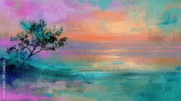 Fototapeta A single tree standing alone in an open landscape. Colorful painting.