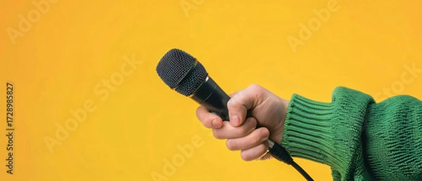 Fototapeta Hand holding black microphone against yellow background, closeup image symbolizing music, performance, karaoke, concert, podcast, public speaking and entertainment