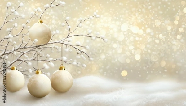 Fototapeta Elegant Christmas ornaments hanging on snowy white branch with golden bokeh background, festive winter holiday decoration symbolizing joy, celebration and tradition