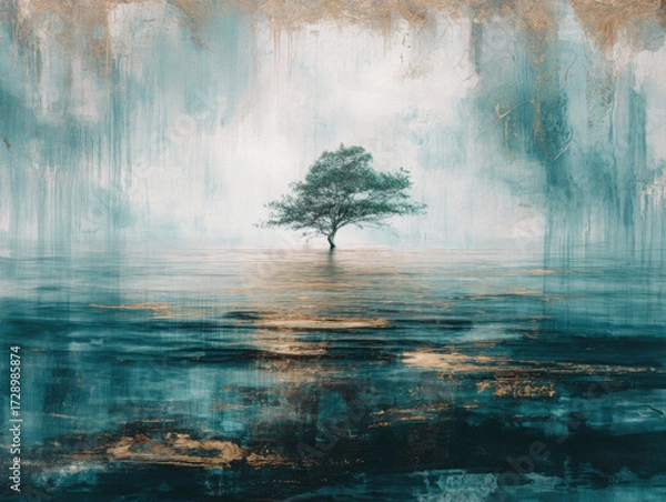 Fototapeta A single tree standing alone in an open landscape. Colorful painting.