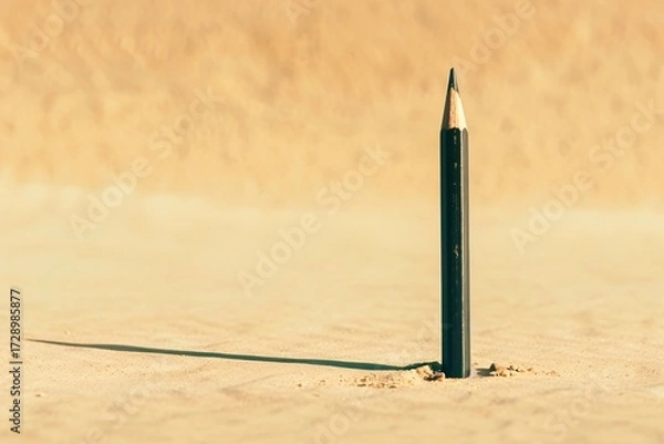 Fototapeta Black pencil standing upright in desert sand with long shadow, creative minimal concept of education, knowledge, creativity and survival in extreme environment