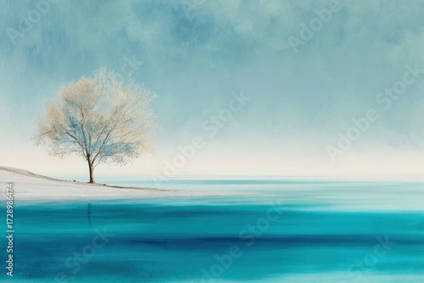 Fototapeta A single tree standing alone in an open landscape. Colorful painting.