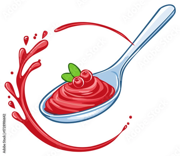 Fototapeta Spoonful of Cranberry Sauce with Splash, Featuring Red Berries and Fresh Green Leaves