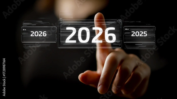 Fototapeta A businesswoman touching a virtual screen with the year date 2026 on a transparent glass interface