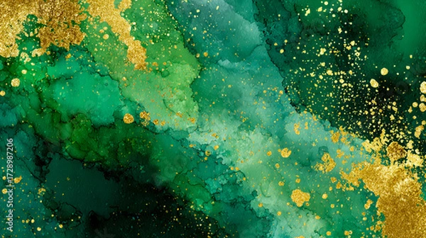 Fototapeta Abstract green and gold background with splashes of paint